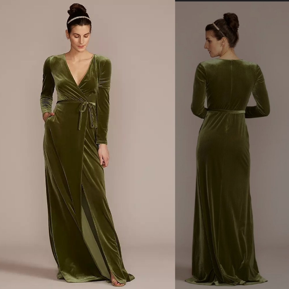 Celebrate DB Studio (David's Bridal) Long Sleeve Velvet Dress in Martini Olive